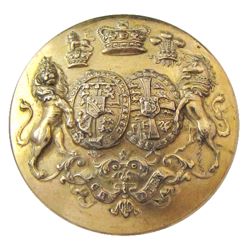 25-5.1.1 Coats of arms only (must have family shield) - Prince of Wales coachman's livery - two achievement shields (marriage), two escutcheons of pretenses, mottos on belt of distinction and shield border, double crest (on two different coronets), royal coronet of rank, supporters, family motto on banner, ground - gilded brass - 1 & 9/16" 25-5.1.1 Coats of arms only (must have family shield) - Prince of Wales coachman's livery - two achievement shields (marriage), two escutcheons of pretenses, mottos on belt of distinction and shield border, double crest (on two different coronets), royal coronet of rank, supporters, family motto on banner, ground - gilded brass - 1 & 9/16"