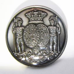 25-5.1.1 Coats of arms only (must have family shield) - two achievement shields (marriage), mottos on borders, order of distinction, Marquess (British) coronet of rank, family motto on banner, supporters, ground - silver-plated copper - 1 & 3/16" 25-5.1.1 Coats of arms only (must have family shield) - two achievement shields (marriage), mottos on borders, order of distinction, Marquess (British) coronet of rank, family motto on banner, supporters, ground - silver-plated copper - 1 & 3/16"