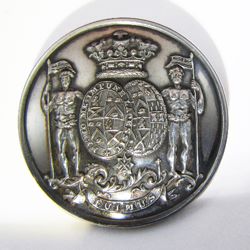 25-5.1.1 Coats of arms only (must have family shield) - two achievement shields (marriage), mottos on borders, order of distinction, Marquess (British) coronet of rank, family motto on banner, supporters, ground - silver-plated copper - 1 & 3/16"