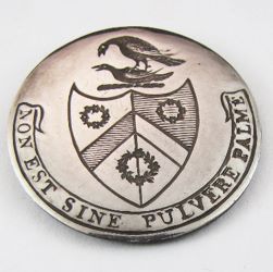 25-5.1.1 Coats of arms only (must have family shield) - 18th century, achievement shield, crest (fighting raptors on torse), family motto on banner - silver-plated copper - 1 & 1/4" 25-5.1.1 Coats of arms only (must have family shield) - 18th century, achievement shield, crest (fighting raptors on torse), family motto on banner - silver-plated copper - 1 & 1/4"
