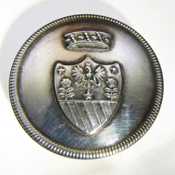 25-5.1.1 Coats of arms only (must have family shield) - achievement shield, coronet of rank, fancy border - silver-plated metal - Germany - 1 & 1/4"
