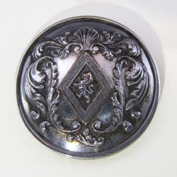 25-5.1.3 Lozenges - Maiden - rare shell & elaborate scroll design- silver-plated copper - 1 & 1/16" 25-5.1.3 Lozenges - Maiden - rare shell & elaborate scroll design- silver-plated copper - 1 & 1/16"