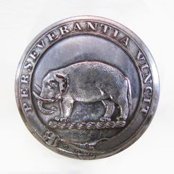 25-5.2.2.1 Animals (corresponds to Sec. 17 - Mammals/Elephants) - Standing Elephant surmounting a torse with the Blayney de Monaghan family motto on a belt of distinction - silver-plated copper - 1" 25-5.2.2.1 Animals (corresponds to Sec. 17 - Mammals/Elephants) - Standing Elephant surmounting a torse with the Blayney de Monaghan family motto on a belt of distinction - silver-plated copper - 1"