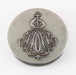 25-5.2.2.2 Objects (corresponds to Sec. 18 - Anchors) - Arms holding an anchor surmounting a torse with an elaborate monogram - Italian - 2-piece white metal - 1 & 1/16" 25-5.2.2.2 Objects (corresponds to Sec. 18 - Anchors) - Arms holding an anchor surmounting a torse with an elaborate monogram - Italian - 2-piece white metal - 1 & 1/16"