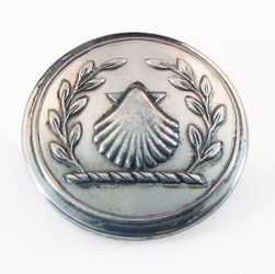 25-5.2.2.2 Objects (corresponds to Sec. 18 - Shells) - Scallop Shell with leaves surmounting a torse - silver-plated copper - 1" 25-5.2.2.2 Objects (corresponds to Sec. 18 - Shells) - Scallop Shell with leaves surmounting a torse - silver-plated copper - 1"