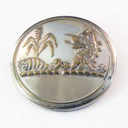 25-5.2.2.3 Plants (corresponds to Sec. 19 - Corn) - Corn plant & fruit in a cornucopia (2 plants) and a Heraldic Antelope each surmounting a torse (Double crest) - silver-plated copper - 1" 25-5.2.2.3 Plants (corresponds to Sec. 19 - Corn) - Corn plant & fruit in a cornucopia (2 plants) and a Heraldic Antelope each surmounting a torse (Double crest) - silver-plated copper - 1"