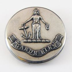 25-5.2.2.4 Other pictorials (corresponds to Sec. 20 - Women) - Woman holding an anchor and severed head (Justice?) surmounting a torse with the family motto on a banner - 2-piece silver plated copper - 1" 25-5.2.2.4 Other pictorials (corresponds to Sec. 20 - Women) - Woman holding an anchor and severed head (Justice?) surmounting a torse with the family motto on a banner - 2-piece silver plated copper - 1"