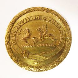 25-5.2.3.4 Multiple crests - Double Crest inside a Belt of Distinction with motto and a fancy border - gilded brass - 1 & 3/16"