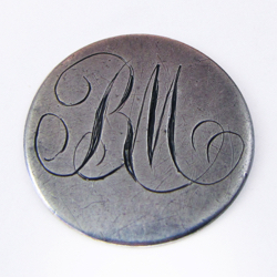 25-5.3.2 Initials, monograms (by themselves, no crest present) - Monogram of two initials - 18th c. Hallmarked silver  - 1 & 1/8"