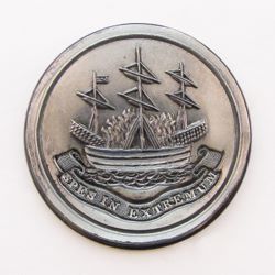 25-5.3.3 Unlisted, badges, bishop’s mitre, without design, etc. (by themselves, no crest or achievement shield present) - Badge - Ship in flames with motto on banner - silver-plated copper - 1" 25-5.3.3 Unlisted, badges, bishop’s mitre, without design, etc. (by themselves, no crest or achievement shield present) - Badge - Ship in flames with motto on banner - silver-plated copper - 1"